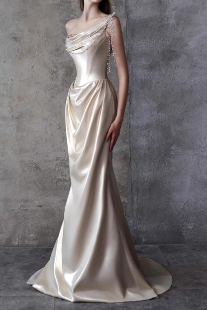 Luxurious One-Shoulder Ivory Satin Mermaid Pearl Draped Evening Gown TP5269