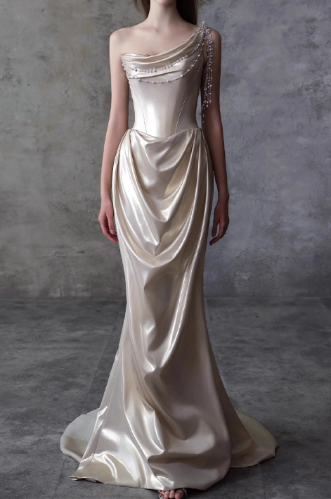 Luxurious One-Shoulder Ivory Satin Mermaid Pearl Draped Evening Gown TP5269