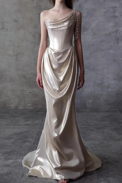 Luxurious One-Shoulder Ivory Satin Mermaid Pearl Draped Evening Gown TP5269