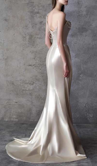 Luxurious One-Shoulder Ivory Satin Mermaid Pearl Draped Evening Gown TP5269