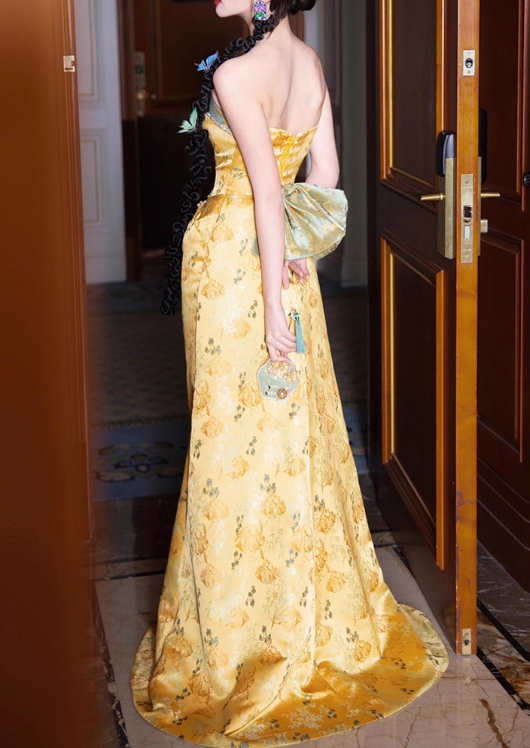 Elegant Golden Brocade Strapless Satin Floral Jacquard Evening Gown TP5273