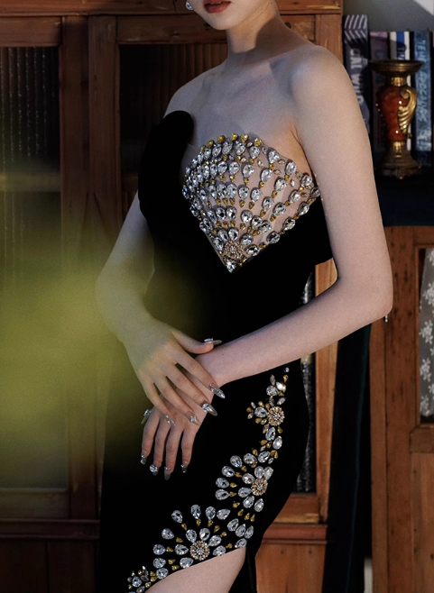 Glamorous Black Velvet Strapless Rhinestone High Slit Sheath Draped Evening Gown TP5274