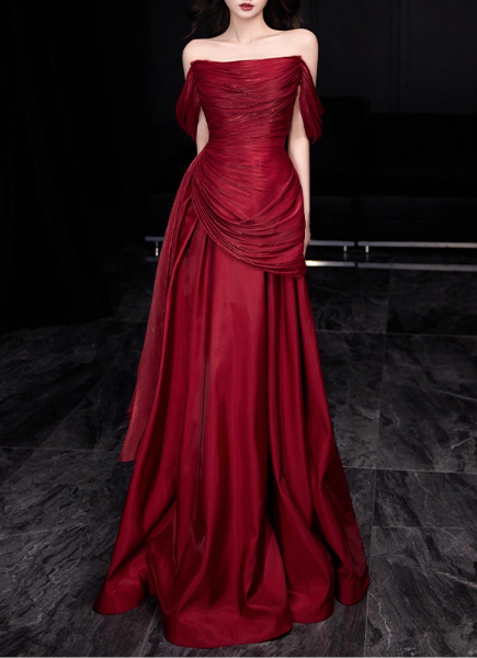 Glamorous Burgundy Draped Off-Shoulder Satin A-Line Maxi Evening Gown TP5280