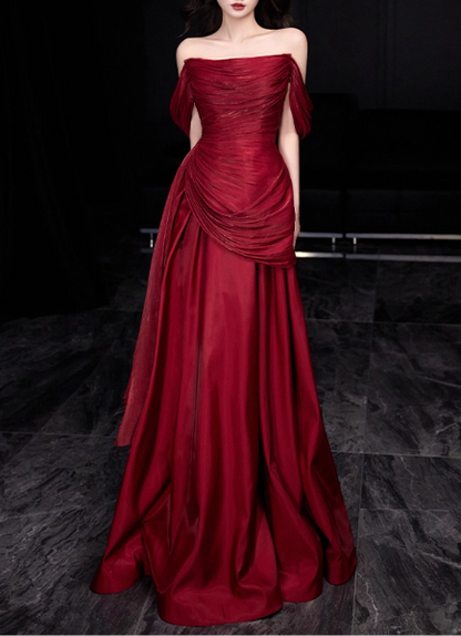 Glamorous Burgundy Draped Off-Shoulder Satin A-Line Maxi Evening Gown TP5280