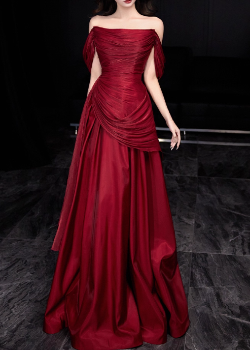 Glamorous Burgundy Draped Off-Shoulder Satin A-Line Maxi Evening Gown TP5280