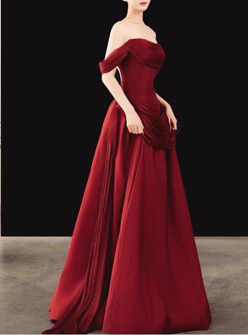 Glamorous Burgundy Draped Off-Shoulder Satin A-Line Maxi Evening Gown TP5280