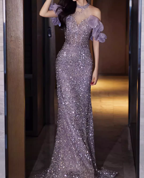 Elegant Sparkling Light Purple Sequin Mermaid Sheer Mock Neck Ruffled Cold-Shoulder Evening Gown TP5282