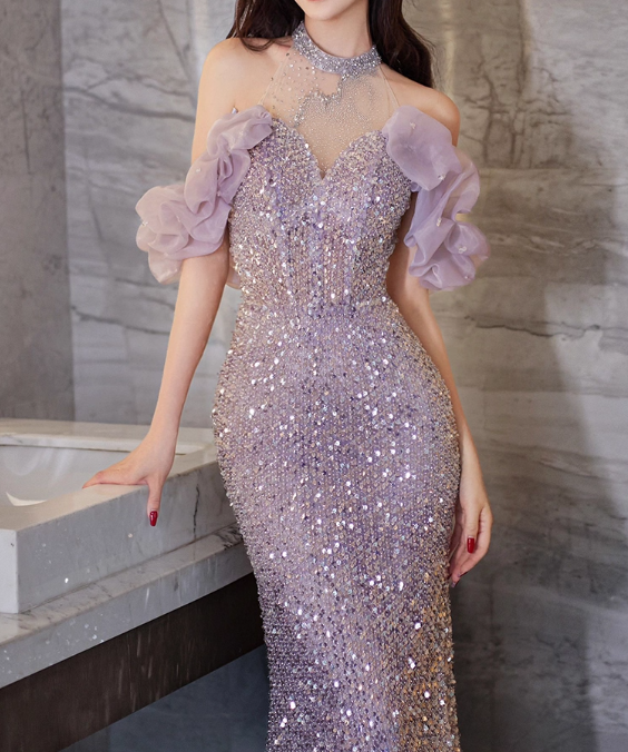 Elegant Sparkling Light Purple Sequin Mermaid Sheer Mock Neck Ruffled Cold-Shoulder Evening Gown TP5282