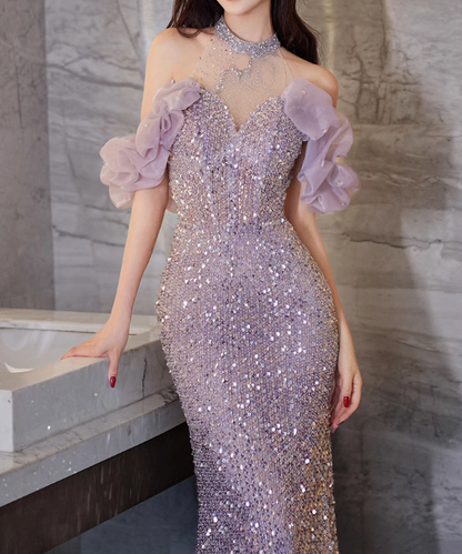 Elegant Sparkling Light Purple Sequin Mermaid Sheer Mock Neck Ruffled Cold-Shoulder Evening Gown TP5282
