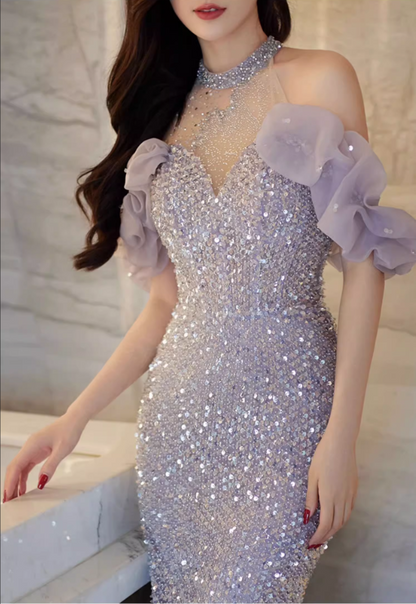 Elegant Sparkling Light Purple Sequin Mermaid Sheer Mock Neck Ruffled Cold-Shoulder Evening Gown TP5282