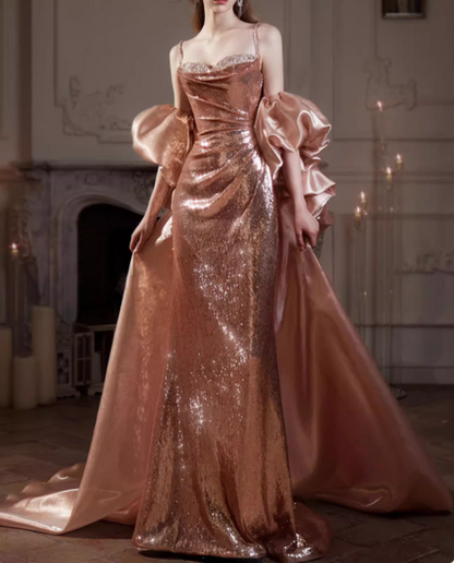 Glamorous Rose Gold Sequin Sheath Spaghetti Straps Oversized Ruffled Detachable Train Evening Gown TP5284