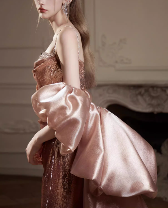 Glamorous Rose Gold Sequin Sheath Spaghetti Straps Oversized Ruffled Detachable Train Evening Gown TP5284