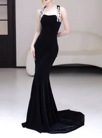 Glamorous Black Velvet Mermaid White Floral-Applique Straps Evening Gown TP5290