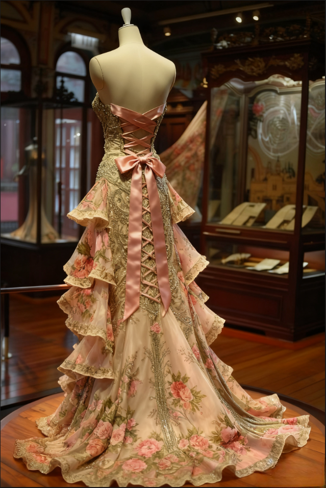 Exquisite Gold Embroidered Floral Ruffled Strapless Mermaid Beading Tiered Evening Gown TP5271