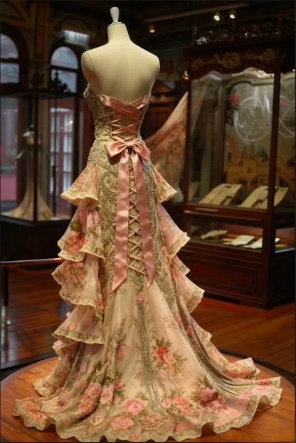 Exquisite Gold Embroidered Floral Ruffled Strapless Mermaid Beading Tiered Evening Gown TP5271