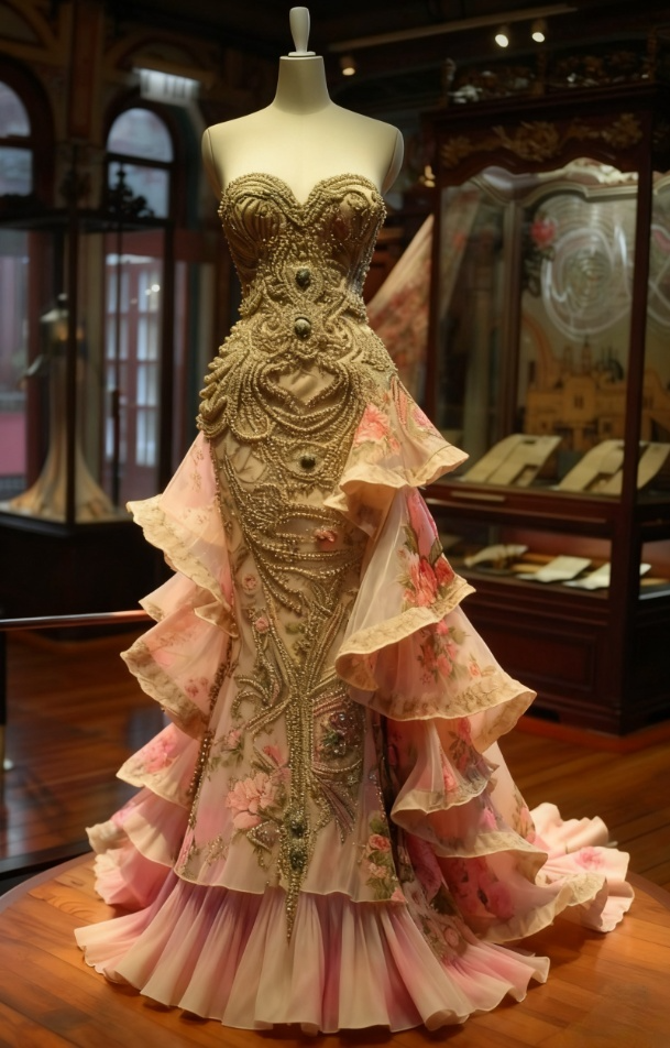 Exquisite Gold Embroidered Floral Ruffled Strapless Mermaid Beading Tiered Evening Gown TP5271