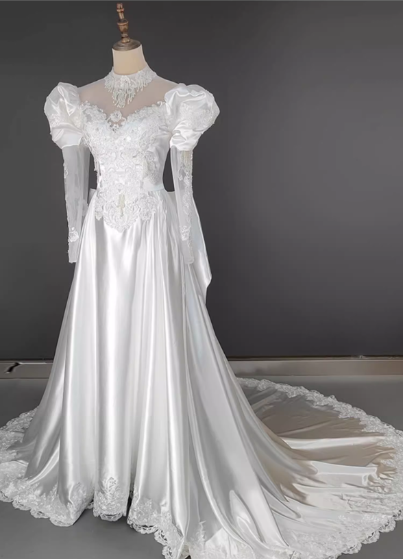 Glamorous White Satin  Puff Sleeve A-Line Lace Applique Cathedral Train Wedding Dress TP5298