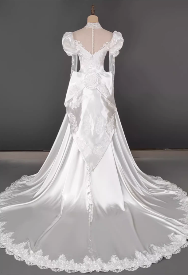 Glamorous White Satin  Puff Sleeve A-Line Lace Applique Cathedral Train Wedding Dress TP5298