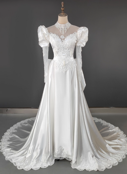 Glamorous White Satin  Puff Sleeve A-Line Lace Applique Cathedral Train Wedding Dress TP5298