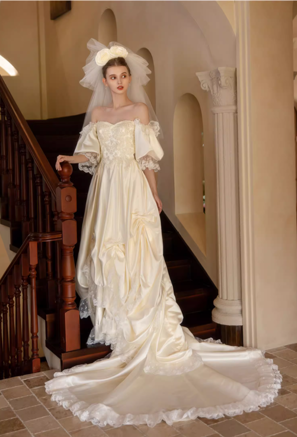 Glamorous Ivory Satin Off-Shoulder Sweetheart Puff Sleeve A-Line Applique Cathedral Train Wedding Dress TP5300