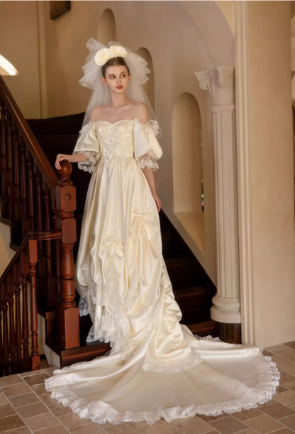 Glamorous Ivory Satin Off-Shoulder Sweetheart Puff Sleeve A-Line Applique Cathedral Train Wedding Dress TP5300