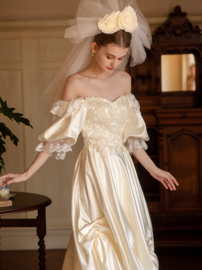 Glamorous Ivory Satin Off-Shoulder Sweetheart Puff Sleeve A-Line Applique Cathedral Train Wedding Dress TP5300