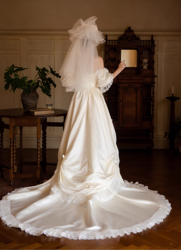 Glamorous Ivory Satin Off-Shoulder Sweetheart Puff Sleeve A-Line Applique Cathedral Train Wedding Dress TP5300