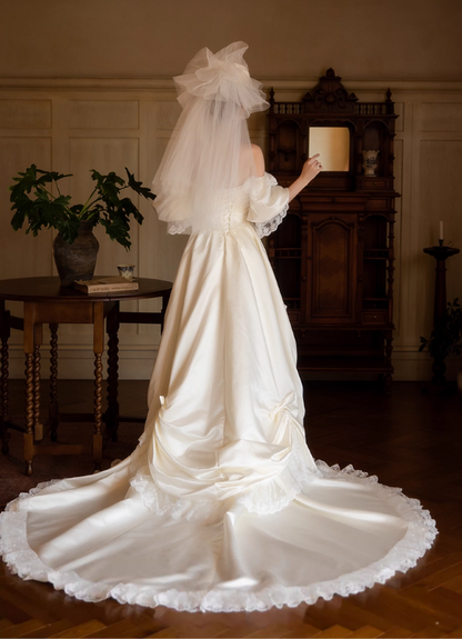 Glamorous Ivory Satin Off-Shoulder Sweetheart Puff Sleeve A-Line Applique Cathedral Train Wedding Dress TP5300