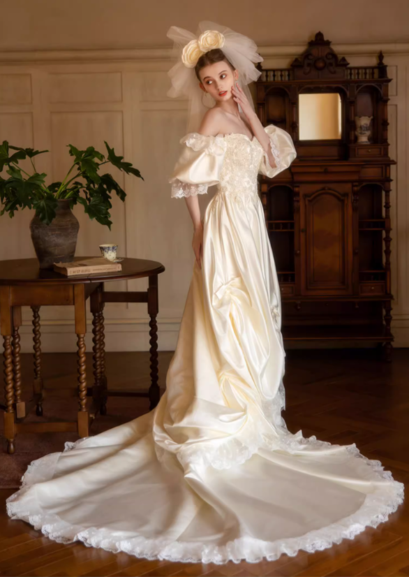 Glamorous Ivory Satin Off-Shoulder Sweetheart Puff Sleeve A-Line Applique Cathedral Train Wedding Dress TP5300