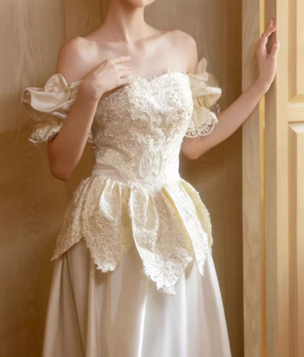 Glamorous Ivory Satin Off-Shoulder Lace Applique Wedding Dress TP5301