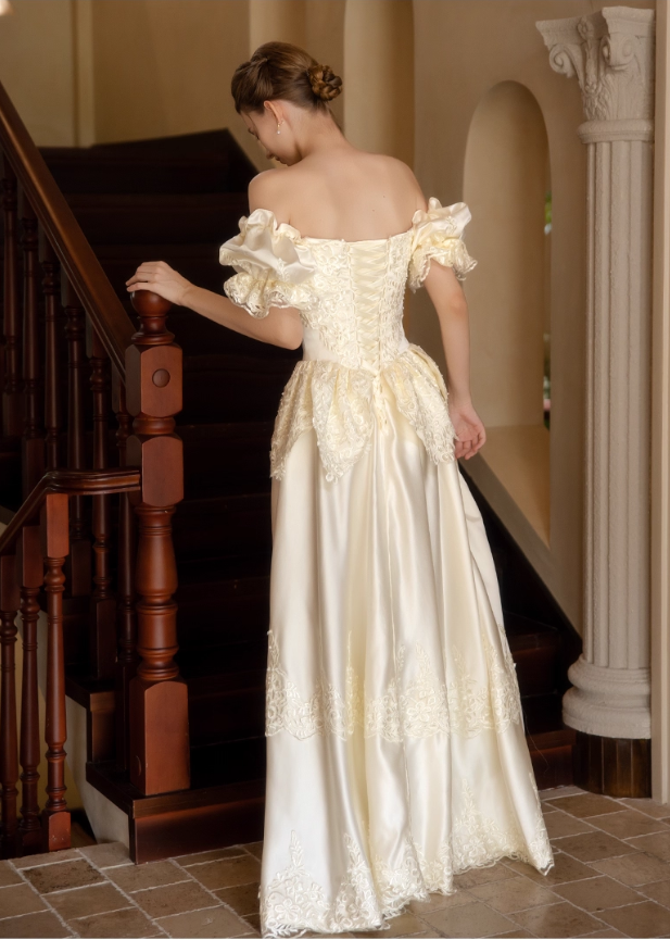 Glamorous Ivory Satin Off-Shoulder Lace Applique Wedding Dress TP5301