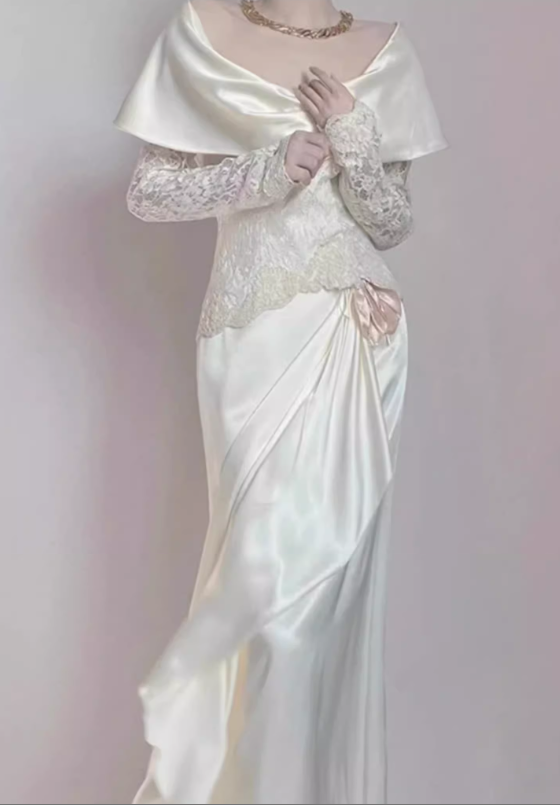 Glamorous Ivory Lace & Satin Off-Shoulder Capelet Ruffled Long Lace Sleeves Wedding Dress TP5303