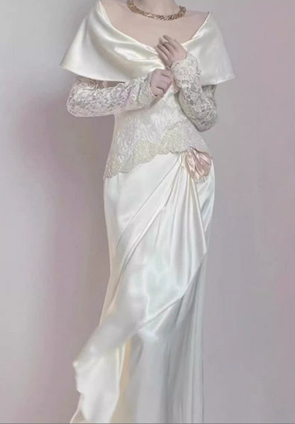Glamorous Ivory Lace & Satin Off-Shoulder Capelet Ruffled Long Lace Sleeves Wedding Dress TP5303
