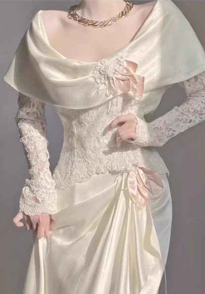 Glamorous Ivory Lace & Satin Off-Shoulder Capelet Ruffled Long Lace Sleeves Wedding Dress TP5303