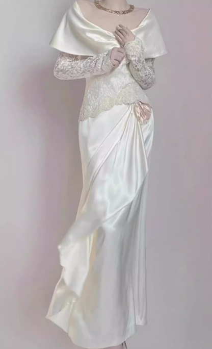 Glamorous Ivory Lace & Satin Off-Shoulder Capelet Ruffled Long Lace Sleeves Wedding Dress TP5303