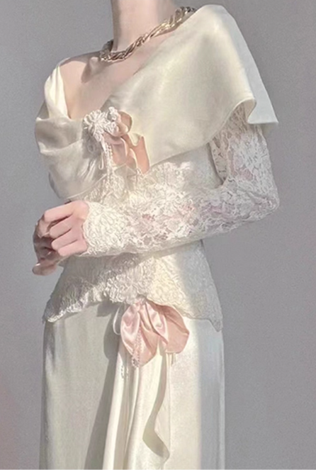 Glamorous Ivory Lace & Satin Off-Shoulder Capelet Ruffled Long Lace Sleeves Wedding Dress TP5303