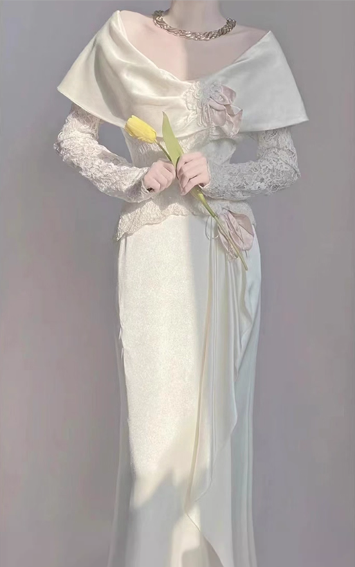 Glamorous Ivory Lace & Satin Off-Shoulder Capelet Ruffled Long Lace Sleeves Wedding Dress TP5303