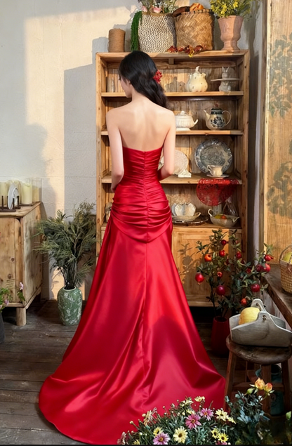 Elegant Satin Red Strapless Draped Strapless Evening Gown TP5312