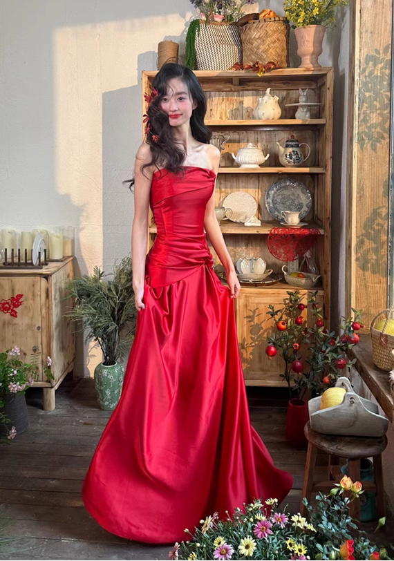 Elegant Satin Red Strapless Draped Strapless Evening Gown TP5312