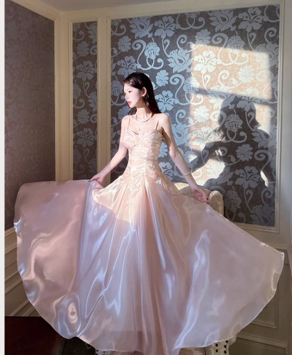 Elegant Pink Satin Spaghetti Strap Sweetheart Neckline A-Line Evening Gown TP5316