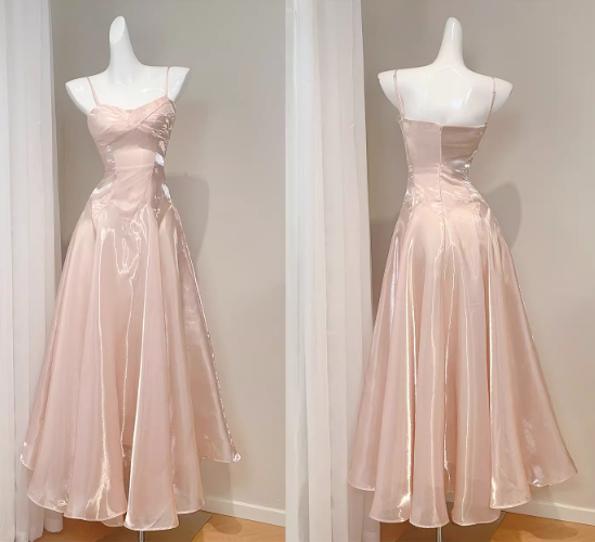 Elegant Pink Satin Spaghetti Strap Sweetheart Neckline A-Line Evening Gown TP5316