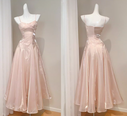 Elegant Pink Satin Spaghetti Strap Sweetheart Neckline A-Line Evening Gown TP5316