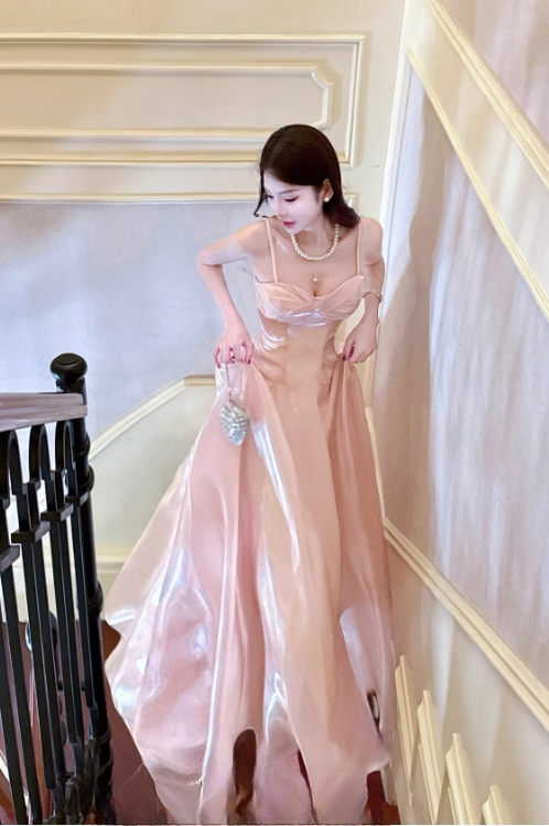 Elegant Pink Satin Spaghetti Strap Sweetheart Neckline A-Line Evening Gown TP5316