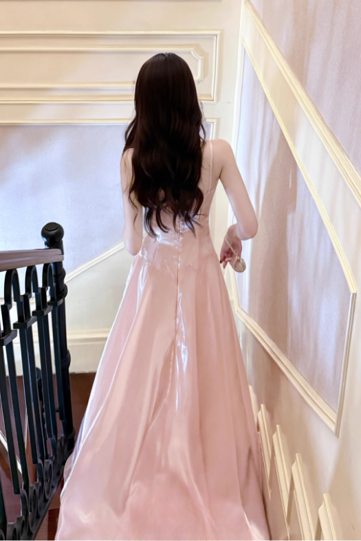 Elegant Pink Satin Spaghetti Strap Sweetheart Neckline A-Line Evening Gown TP5316