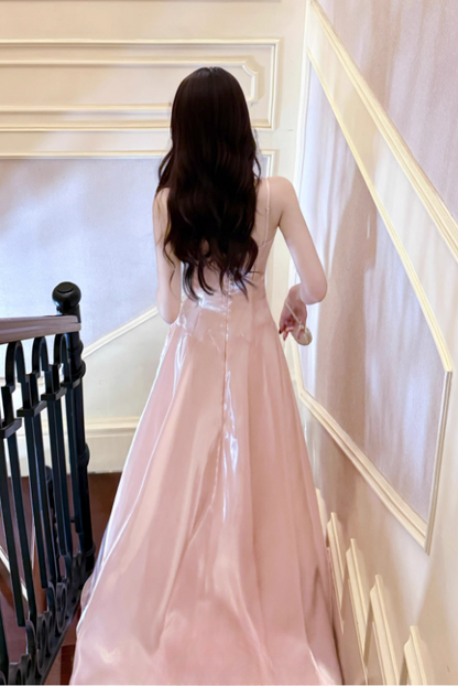 Elegant Pink Satin Spaghetti Strap Sweetheart Neckline A-Line Evening Gown TP5316