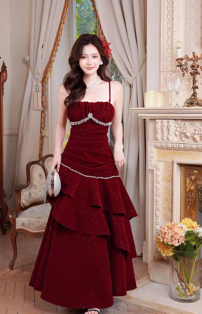 Glamorous Burgundy Glitter Velvet Rhinestone Spaghetti Strap Ruffled Layers Evening Gown TP5315