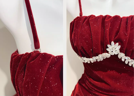 Glamorous Burgundy Glitter Velvet Rhinestone Spaghetti Strap Ruffled Layers Evening Gown TP5315