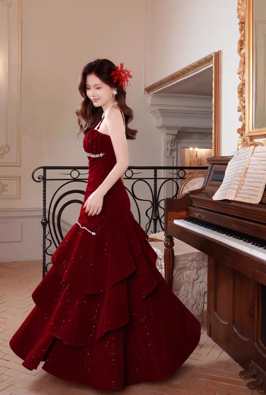 Glamorous Burgundy Glitter Velvet Rhinestone Spaghetti Strap Ruffled Layers Evening Gown TP5315