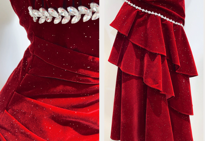 Glamorous Burgundy Glitter Velvet Rhinestone Spaghetti Strap Ruffled Layers Evening Gown TP5315