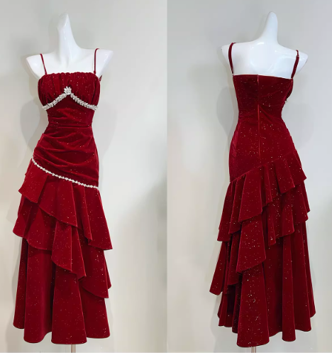 Glamorous Burgundy Glitter Velvet Rhinestone Spaghetti Strap Ruffled Layers Evening Gown TP5315